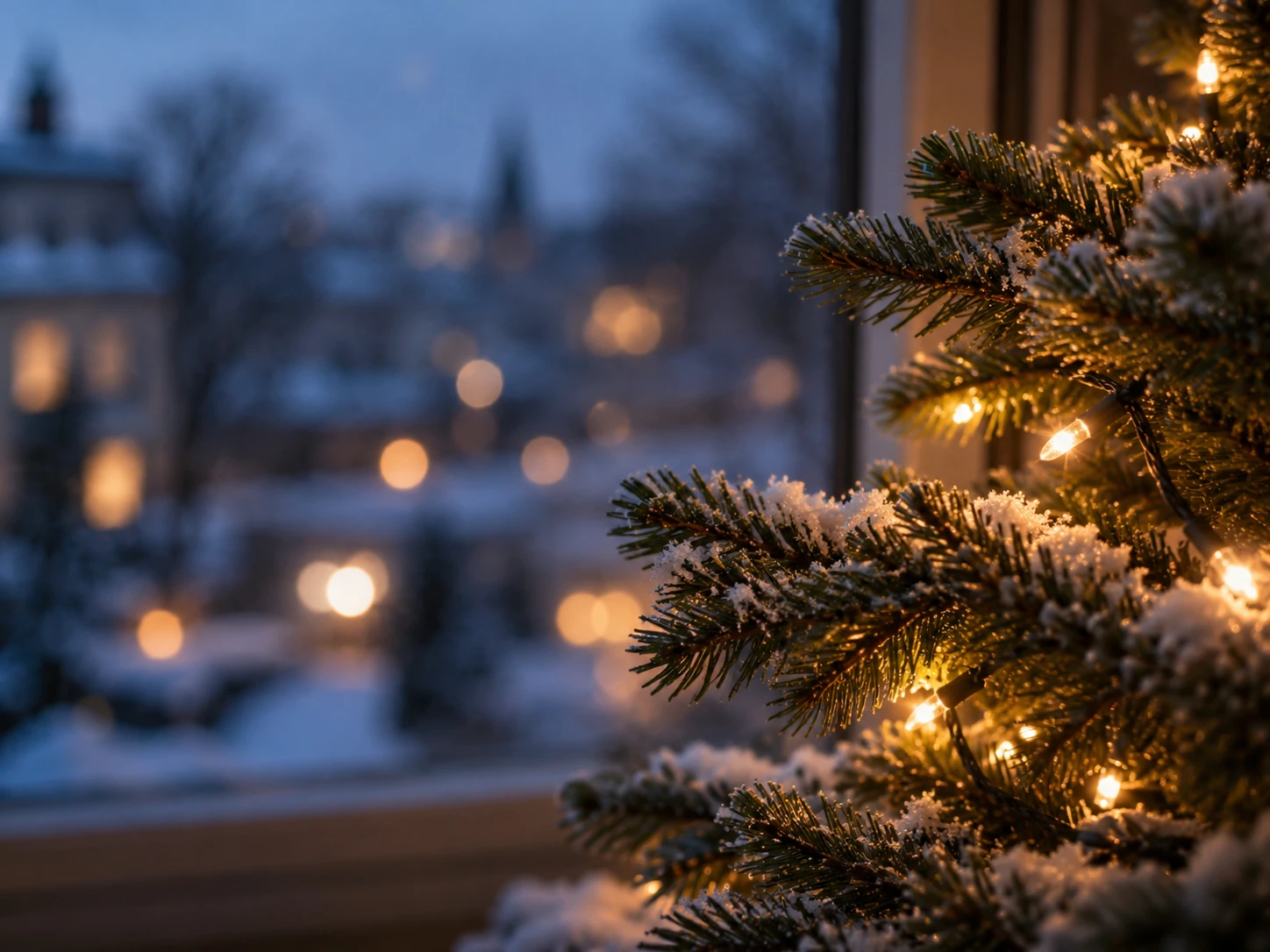 Geschmueckter Weihnachtsbaum am Fenster