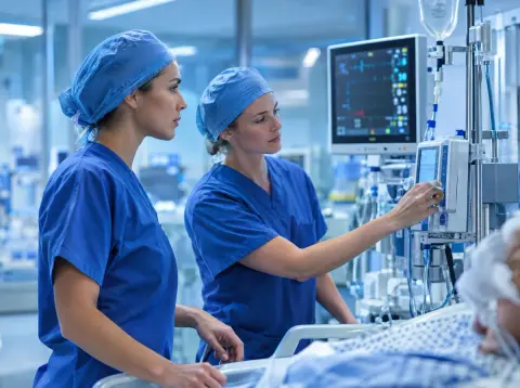 Zwei Pflegekräfte kontrollieren Monitor und Infusionspumpe auf der Intensivstation
